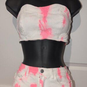pink and white denim tube top two piece short set size small